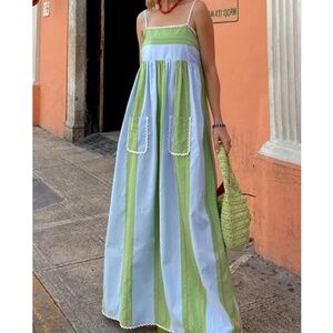 Elegant Blue and Green Striped Maxi Dress
